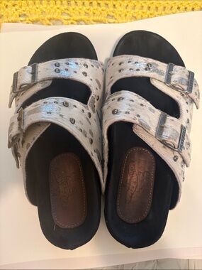 freebird Metallic Silver Studded Double-Buckle Slide Sandals